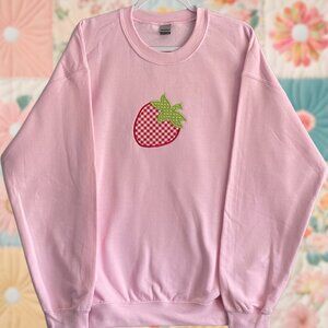 Strawberry Patchwork Embroidered Large Light Pink Crewneck Sweatshirt